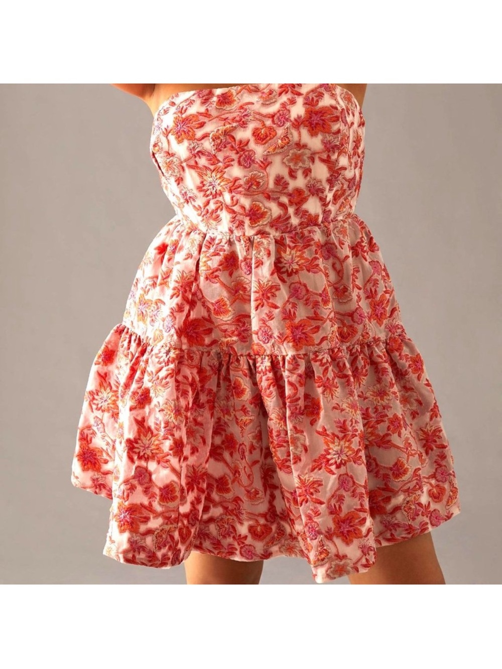 Anthropologie Maeve Jacquard Mini Strapless Floral Tiered Dress in Pink Pattern